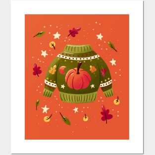 Christmas holiday sweater with cute pumpkin and leaves. Colorful winter festive illustration. 02 Posters and Art